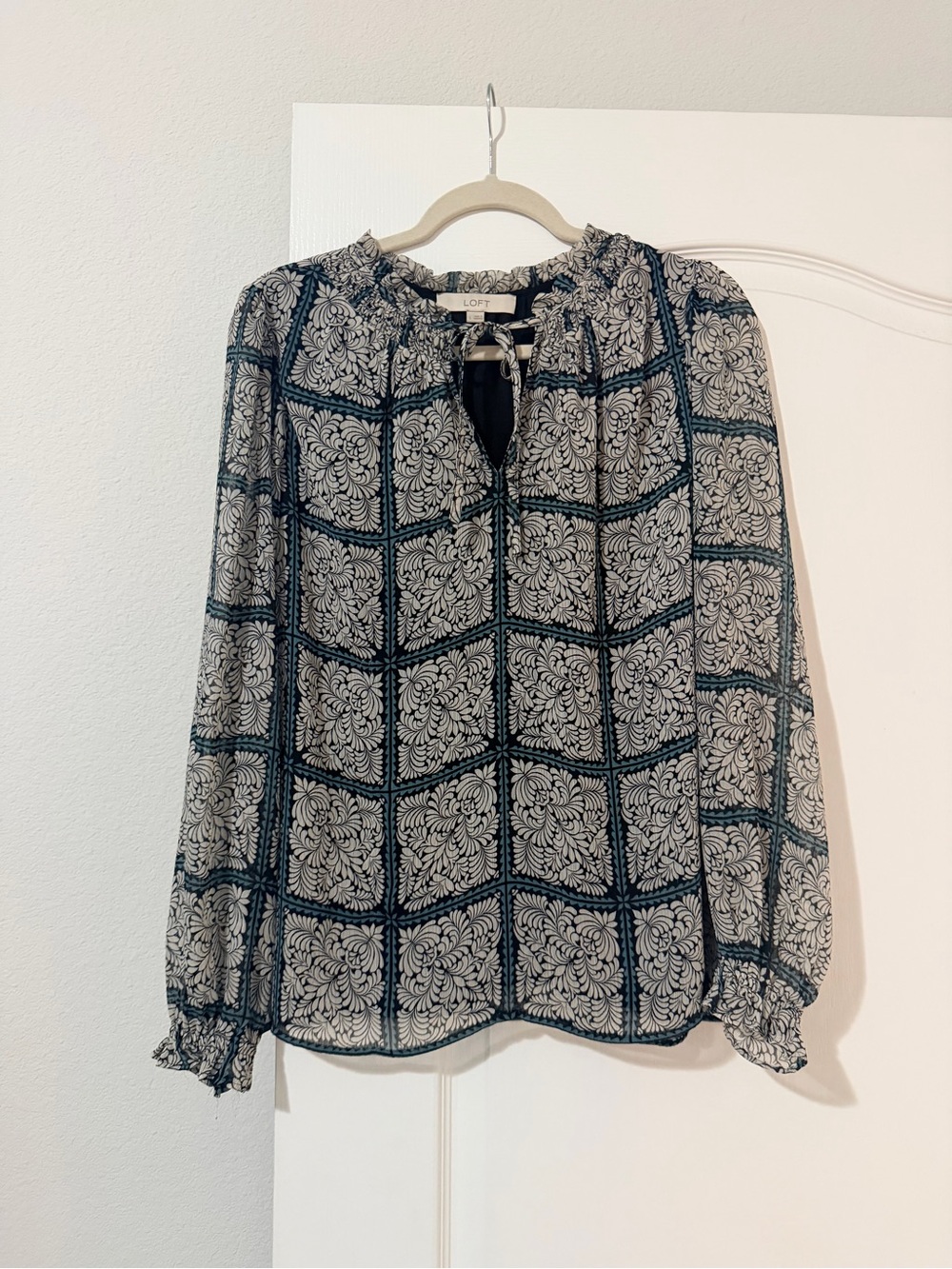 LOFT Teal and Cream Floral Grid Top